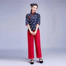 演出服 碎花采茶服 民族舞蹈服 鄉村古裝服飾, 1個, 阿慶嫂上衣+頭巾,2XL