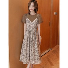 Yellwel 여름 퍼프 소매 패치 쉬폰 꽃무늬 멜빵 원피스 레이어드 DJP