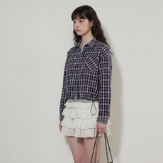 [SML사이즈]여성 캐주얼 스트링 체크 크롭 셔츠 빅사이즈 체크자켓 하객룩 출근룩 체크자켓 크롭셔츠 오피스룩
