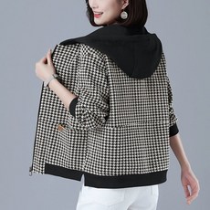 ORZQU 춘추 여성 숏 중장년 엄마옷 캐주얼 후드 체크자켓 집업