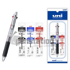 유니 제트스트림 SXE3-400 3색 0.38mm 1개 + 리필심 3개 세트, 3색 0.38mm 투명 1+리필심(흑1+청1+적1)