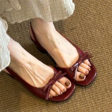 여성 프렌치 레트로 리본 블록힐 오픈토 샌들 하이힐 편한 데일리 샌들