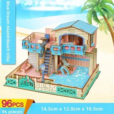 나무로 미니어처 하우스 조립 모델 퍼즐 교육용 수공예 빌딩 블록, 14. 블루 드림 아일랜드 해변 빌라 + 조명 효과