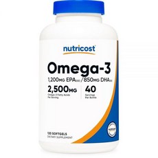 Nutricost 오메가 3 피쉬 오일 - 2500MG 소프트젤 120개(40회분) 오일 야생 잡힘! 1200mg EPA 850mg DHA GMO 프리 글루텐 프리, 120, 1개