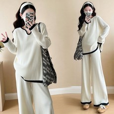 임산부 긴바지 투피스 세트 봄 가을 루즈핏 니트 긴팔티 + 와이드 팬츠 상하의 세트 캐주얼 데일리 룩 JS