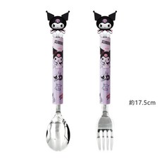 Lilfant 三麗鷗 304不鏽鋼立體湯叉組 兒童餐具 酷洛米 大耳狗 美樂蒂 凱蒂貓 約17.5cm, 1個, 酷洛米 黑色(特價), 黑色, 湯匙、叉子、收納袋