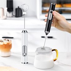 Ditwo 미니 무선 전동 휘핑기 우유 거품기 스프링 헤드 + 거품 헤드 + 거치대, 화이트, DDQ