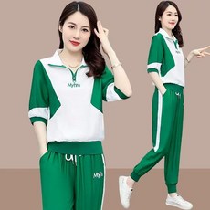 AREVI 여름 여성 트레이닝복세트 빅사이즈 루즈핏 레저 반집업 반팔 바지 세트