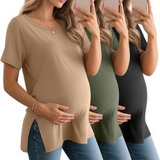 BAGGY 배기fly 여성용 임산부 셔츠 반소매 라운드넥 사이드 스플릿 상의 루즈핏 여름 캐주얼 엄마 의류 3팩 시멘트 그레이 그레이 퍼플 블랙 M 190957, 살구, 아미 그린, 블랙