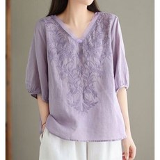 DFMEI 媽媽夏裝中袖套頭女上衣夏季薄款洋氣高檔刺繡上衣百搭小衫
