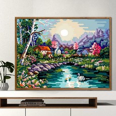 【TangZhen】유화그리기 유화그리기세트 디지털 유화 풍경 지중해 대폭 거실 야색 디지털 채색 손그림 장식화 호숫가 별장, 40*50 어셈블리 외곽선(색상 노트) 추가, 백조의 호수, 1개