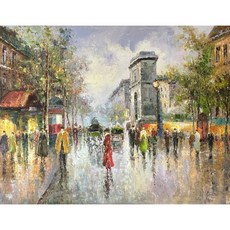 歐式街景油畫 手繪厚塗印象派藝術裝飾畫 客廳玄關掛畫 無框畫, 街景油畫117x91CM(無框裱法), 木色、銀色、金色、白色、黑色