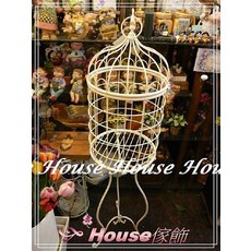 House傢飾 復古米黃色洗白鐵製落地鳥籠花器 限量新款