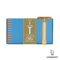 【CONQUEST】義大利 FATIP 42124 手動傳統安全刮鬍刀 鍍金 18K金 封閉式刀頭 加贈五片替換刀片, 1個, 5