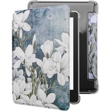 WALNEW 케이스 for Kindle Paperwhite 11세대 2021 시그니처 에디션 PU 가죽 커버 68인치 킨들용 유연한 소프트 클리어 백 자동 수면깨우기 기능 검은, White Flowers