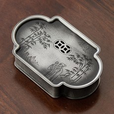 仿古錫壺承復古合金做舊干泡盤茶壺托養壺儲水小茶臺, 1個, 錫合金-白銀色【竹林品茗】壺承/小干泡盤, 白銀色