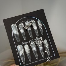 純手工穿戴甲高級感銀色貓眼長款美甲片重工輕奢華堆鑽假指甲貼片, XS, 259誓言-細狗長尖