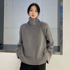 부드러운 여성 가을 겨울 울 하이넥 루즈핏 무지 니트 두툼한 따뜻한 스웨터, 피글릿그레이