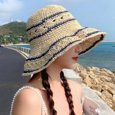 줄무늬 밀짚 모자 여름 왕골 밀집 여성 벙거지, 브라운