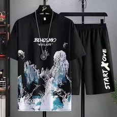 완구 블럭 놀이 빌딩 호환 취미 블록 여름 레저 남성 세트 만화 낙서 티셔츠 반바지 2 피스 이 좋은 남성용 탑 프린트, [00] L, [00] 검정색