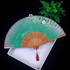 日式小絹扇子折疊扇絲綢舞蹈扇中國風古典古風折扇女流蘇旗袍, 棕骨 綠色牡丹, 1個