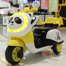 유아용 스쿠터 팬더얼굴 어린이 전기 오토바이 세발 자전거 장난감 자동차 원격제어 충전형, 전기 구동, 노란색  + 블루투스 음악 + 조명, 1개