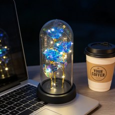 金箔玫瑰玻璃罩擺件, 藍色3朵玫瑰禮盒卡片電池