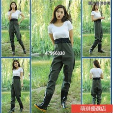 齊腰下水褲加厚半身超輕防水服雨褲釣捕魚水叉褲連身雨鞋耐磨, 進口材質 質保三年 綠迷彩,37