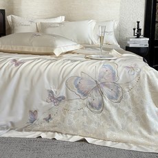 蕾絲蝴蝶刺繡夏被四件套——DZZ蝶舞花語水光天絲親膚裸睡系列, 1個, 米色:夏被四件套(夏被200-230適合所有牀)