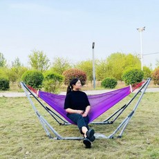 접이식 어린이 실내외 그네 해먹 가정용 안전 흔들림, 1개, 블랙 프레임 퍼플 메시 해먹