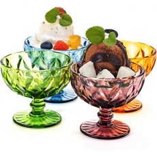 TIMEFOTO타임포토 아이스크림 유리 그릇 4가지 컬러 대형 디저트 12.5온스 빈티지 다이아몬드 유리와 발 달린 순대 간식 컵 농가 명절 파티용 세트, A-4 Colored, 1개