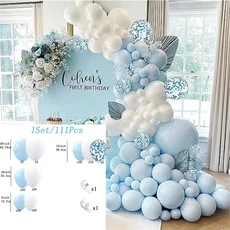 111Pcs 웨딩 파티 및 결혼 기념일 장식 진주 흰색과 파란색 라텍스 풍선 화환 아치세트, 01 1, 01 As Picture