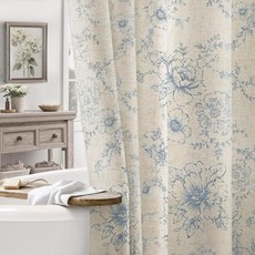 NDDYCU 팜하우스 플로럴 리넨 샤워 커튼 빈티지 그린 자수 패턴 러스틱 욕실용 탠 회갈색 182.9x182.9cm(7, 블루 토프 베이스