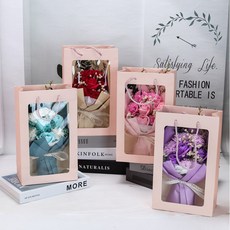 비누꽃 꽃다발 + 쇼핑백 세트 + LED + 박스케이스, 1개, 핑크꽃