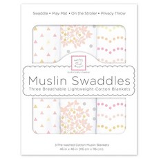 SwaddleDesigns 모슬린 포대기 담요 여아 및 남아용 포대기 담요 어린 양 굿나잇 스털링 그레이 & 파스텔 옐로우 3개 세트