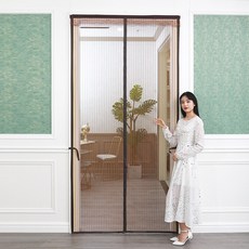 현관문 벨크로 자석 방충망 무타공 모기장 메쉬 침실 방문용 프리미엄 가림막, 1_커피 스트라이프 넓은 벨크로 수납