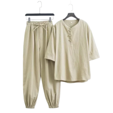 Makone 남성 찜질복 사우나복 잠옷 솔리드 린넨 5부소매 긴바지 상하의 세트