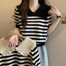 패션진리 프릴빅카라 양브이넥 단가라반팔니트티 여름 배색줄무늬 데일리상의 늦봄