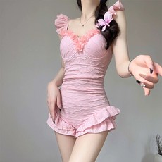 泳衣女款連體韓系純色小清新時尚花邊高顏值甜美荷葉邊海邊泡溫泉