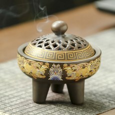 琺琅彩 景泰藍陶瓷 帶蓋 香篆爐 盤香爐, 小三足古棕