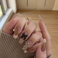 겨울 여성 네일 패치 여성 체크 패턴 네일아트 리본 장식 프렌치 스타일 YLP, 1개, 브라운 S