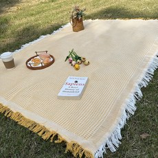 野餐墊 棉紗編織 防潮 地墊 露營桌布, 棉格黃白