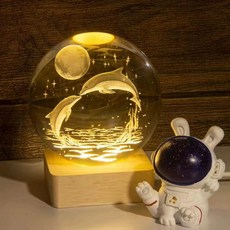 베이스 바다유리 수정 크리스탈볼 무드등 유리구슬 각인, 각인+돌고래 사랑