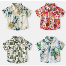 男童塗鴉短袖襯衫 夏季新款童裝 男寶寶印花兒童花襯衫 柔軟透氣，時尚塗鴉