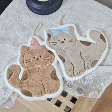 고양이 주방 욕실 극세사 도톰 핸드타올 고리수건 2종, 리본고양이