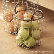 하루샵 레트로 철제 라탄 수납 바구니 과일 수건 빨래 주방 욕실 빈티지 보관 수납, 작은