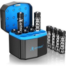 아트맨 충전식 리튬 AA 배터리 12개 세트(저장 케이스 포함 12칸 충전기 포함) 3600mWh 블링크 야외 카메라용 1.5V 일정 전압 더블 A 재충전 가능 최대 2000회, A Artman 검정