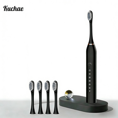 Kuchae 충전식 음파 스마트 전동칫솔+ 칫솔모4개, 블랙, 1개
