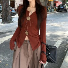 투니스 여성 슬릿 버튼 디자인 플리츠 슬림 긴소매 티셔츠