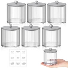 Yaomiao 골지 욕실 용기 약제사 병 6개 실버 대나무 뚜껑 및 라벨 스티커 532.3ml(18온스) 플라스틱 통 면봉 치실 피크 하우스 보관용 플루티드 디자인, Yaomiao 골지 욕실 용기 약제사 병 6개, 실버